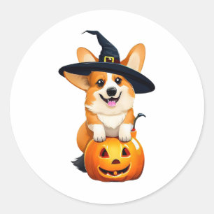 Halloween Corgi Witch Hat Runder Aufkleber