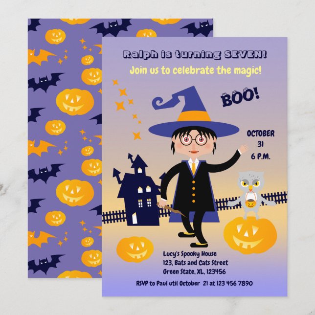Halloween Costume Boy Wizard Geburtstagsparty Einladung (Vorne/Hinten)