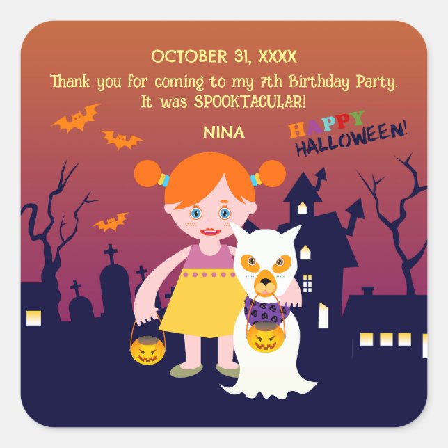 Halloween Costume Girl Geburtstagsparty Quadratischer Aufkleber (Vorderseite)