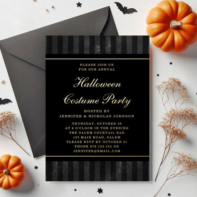 Halloween Costume Party Gold Folieneinladung (Black Stripes Halloween Costume Party Gold Foil Invitation)