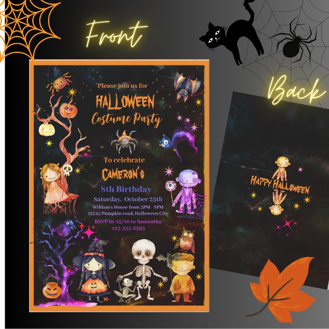 Halloween Costume Party Orange Lila Kids Einladung (Halloween Costume Party Orange Purple Kids Invitation)