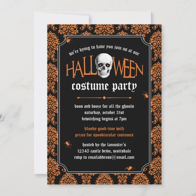 Halloween Costume Party Skull auf Orange Damask Einladung (Vorderseite)