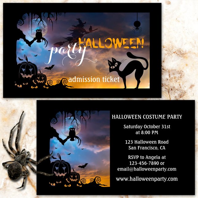 Halloween Costume Party Ticket Business Card Begleitkarte (Cute Halloween business card featuring a cat, a witch and owl in a tree at full moon - party ticket)