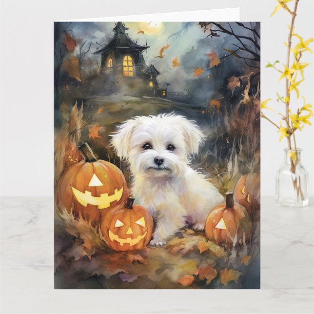Halloween Coton De Tulear mit Pumpkins Beängstigen Karte (Gelbe Blume)