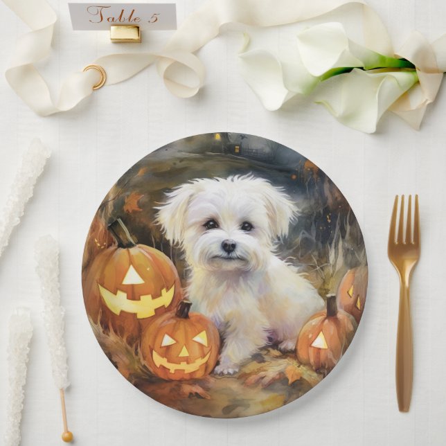 Halloween Coton De Tulear mit Pumpkins Beängstigen Pappteller (Hochzeit)