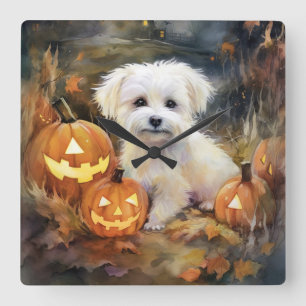 Halloween Coton De Tulear mit Pumpkins Beängstigen Quadratische Wanduhr
