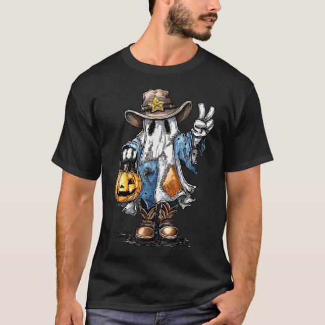Halloween Cowboy Blue Denim Ghost Western T-Shirt (Vorderseite)