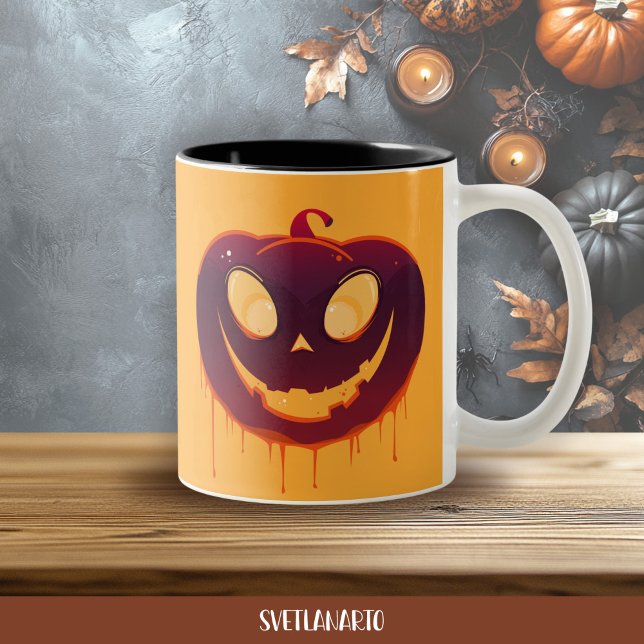 Halloween Creepy Pumpkin Face Coffee Mug Zweifarbige Tasse (Frontal view)