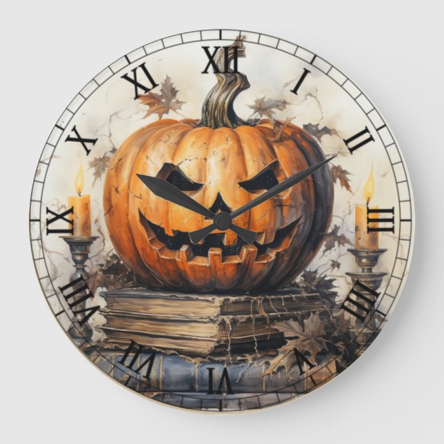 Halloween Creepy Spooky Orange Pumpkin Große Wanduhr (Vorderseite)