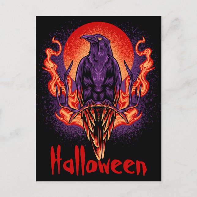 Halloween Crow mit Flames Postcard Postkarte (Vorderseite)