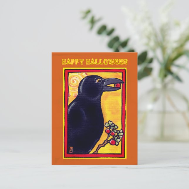 Halloween Crow Raven Colorful Bird Animal Orange Postkarte (Stehend Vorderseite)