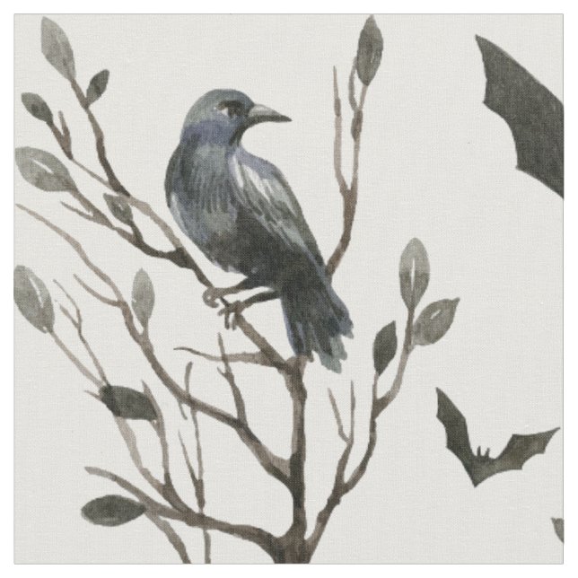 Halloween Crows Bats Schwarz und Weiß Stoff (Nahaufnahme)