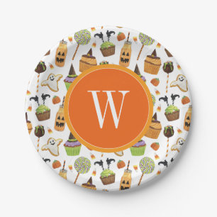 Halloween Cupcakes und Süßigkeiten Monogramm Pappteller
