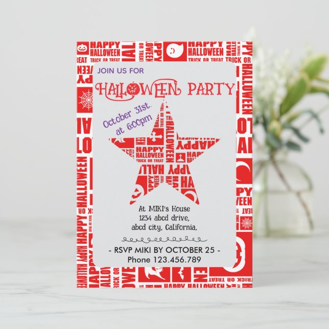 Halloween Custom Cool Whimsical Typografy Red Einladung (Stehend Vorderseite)