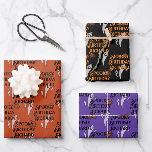 Halloween Custom Text Spooky Ghosts 3 Geschenkpapier Set (Vorderseite)