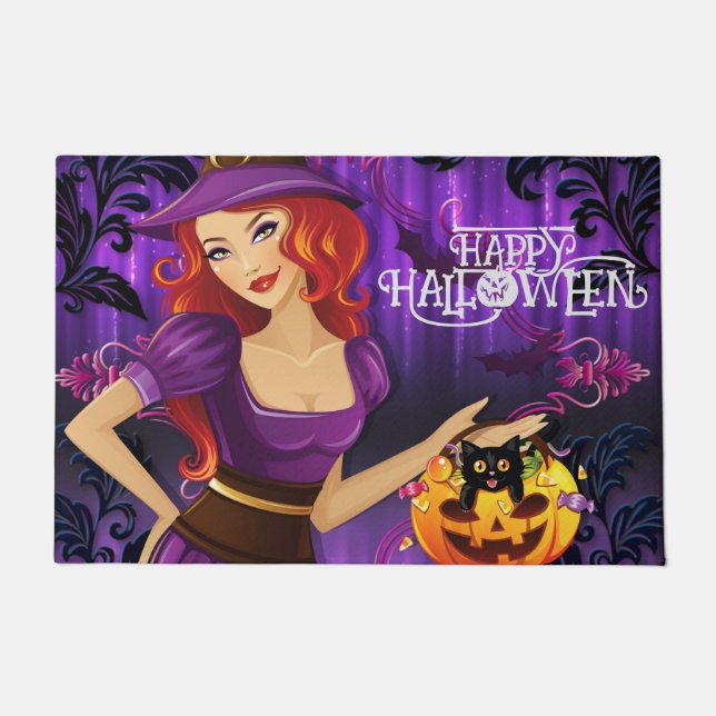Halloween Custom Whimsical Niedlich Hexe Lila Fußmatte (Vorderseite)