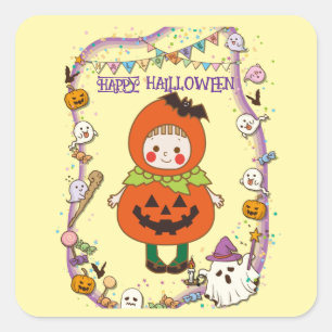 Halloween Custom Whimsical Niedlich Pumpkin Girl Quadratischer Aufkleber
