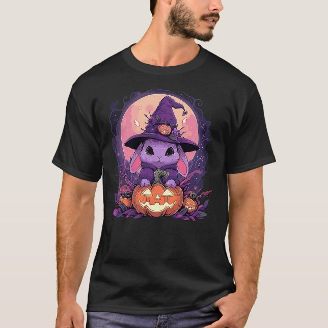 Halloween Cute Bunny Rabbit Witch Hat Jack o Lante T-Shirt (Vorderseite)