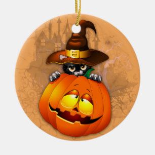 Halloween Cute Kitty Witch and Pumpkin Friend  Keramik Ornament