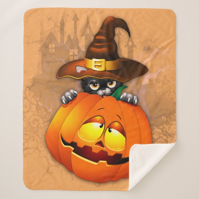 Halloween Cute Kitty Witch and Pumpkin Friend   Sherpadecke (Vorderseite)