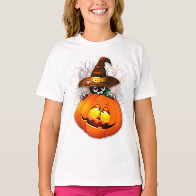 Halloween Cute Kitty Witch and Pumpkin Friend  T-Shirt (Vorderseite)