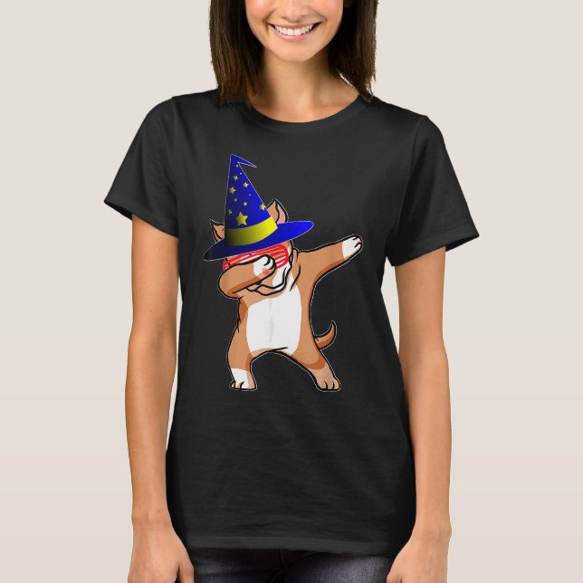 Halloween Dabbing Wizard Pitbull Puppy Dog Hexe H T-Shirt (Vorderseite)