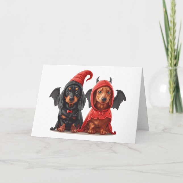 Halloween Dackel Hunde Devil Bat Karte (Vorderseite)