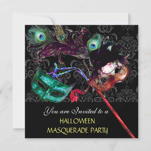 HALLOWEEN DAMASK MASQUERADE PARTY Schwarz Blau Einladung (Vorderseite)