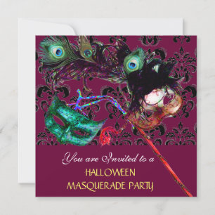HALLOWEEN-DAMAST-MASKENBALLPARTY violett blau Einladung
