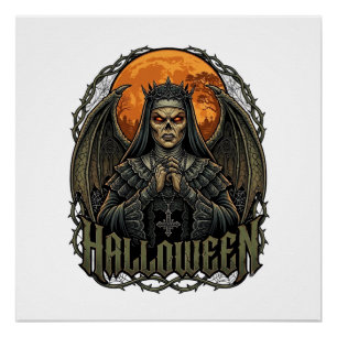 Halloween-Dämonen-Nonne-Krone-Flügel-Orangener Mon Poster