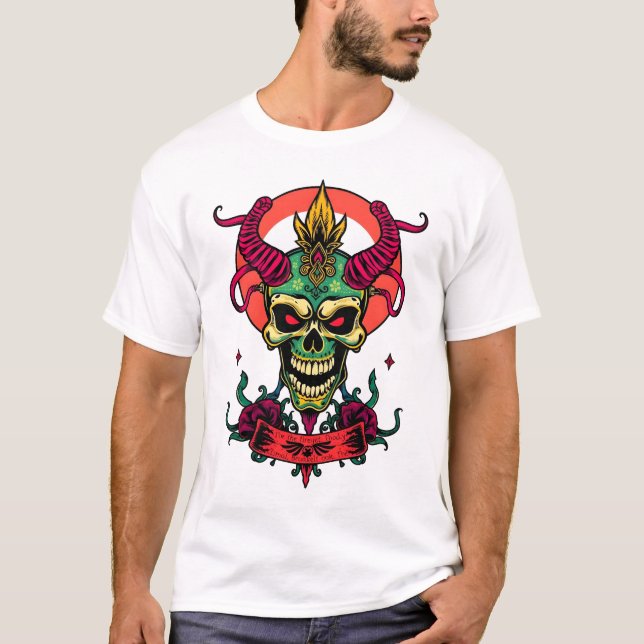 Halloween Demon Skull - Farbenfrohe Tattoo Art T-Shirt (Vorderseite)