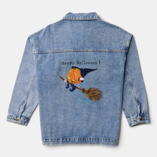 Halloween Denim Jacket Funny Witch Pumpkin Flying Jeansjacke (Rückseite)