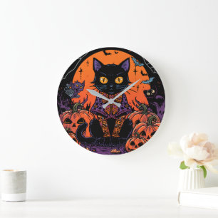 Halloween,Der Kürbisfeld Streuner ,Schwarze Katze Große Wanduhr