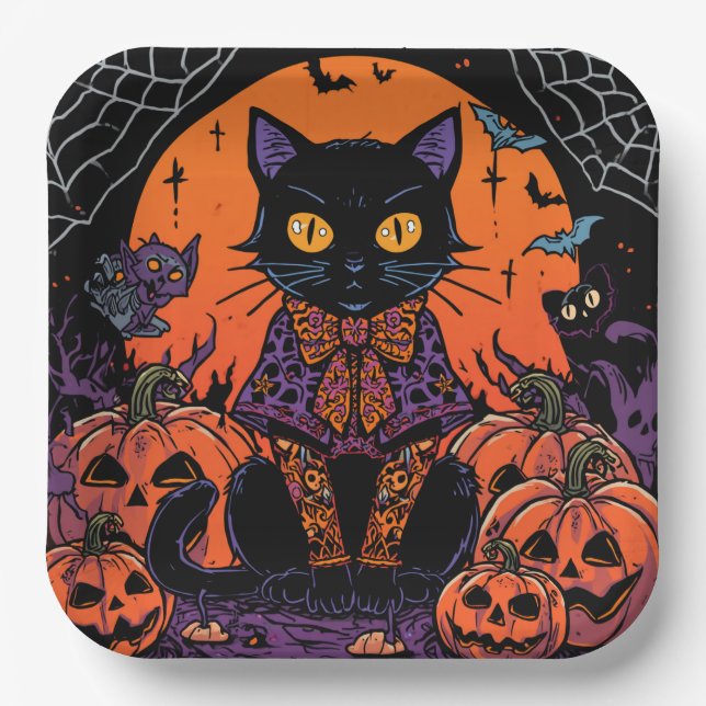 Halloween,Der Kürbisfeld-Streuner,Schwarze Katze Pappteller (Vorderseite)