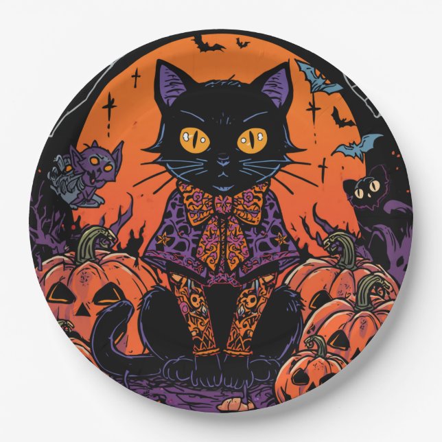 Halloween,Der Kürbisfeld Streuner ,Schwarze Katze Pappteller (Vorderseite)