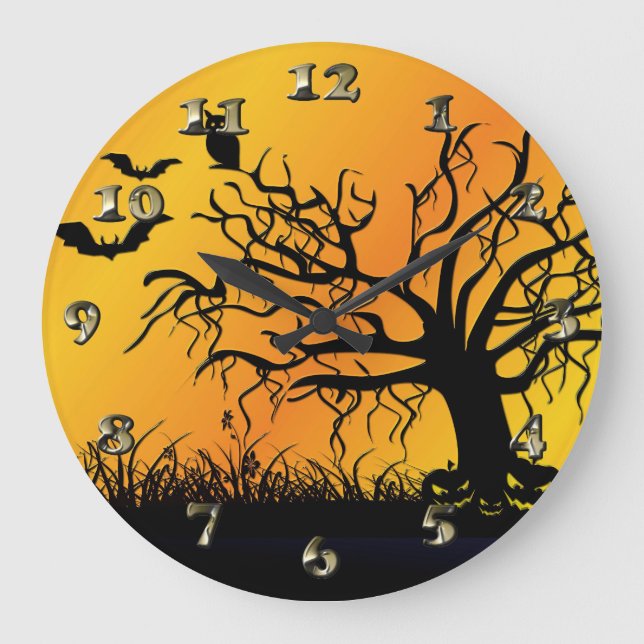 Halloween-Design mit Fledermäusen, Bäumen und Kürp Große Wanduhr (Vorderseite)