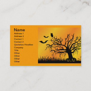 Halloween-Design mit Fledermäusen, Bäumen und Kürp Visitenkarte