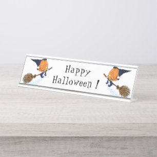 Halloween Desk Name Plate Witch Pumpkin Flying Schreibtischnamensplakette