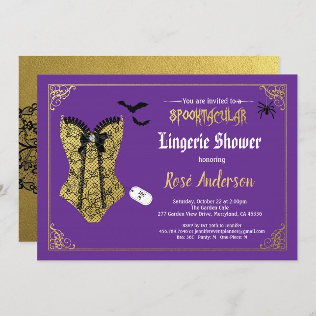 Halloween Dessous Dusche lila Schwarze Spitze Einladung (Vorne/Hinten)