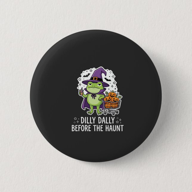 Halloween Dilly Dally Frosch Hexe Kürbis Karren Button (Vorderseite)