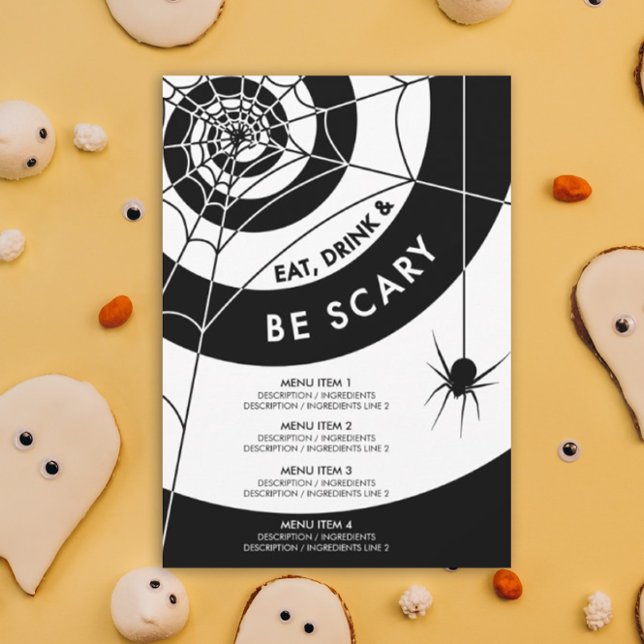 Halloween Dinner/Drink-Menü | Schwarz/Weiß Einladung (Halloween Eat Drink & Be Scary Party Invitation)
