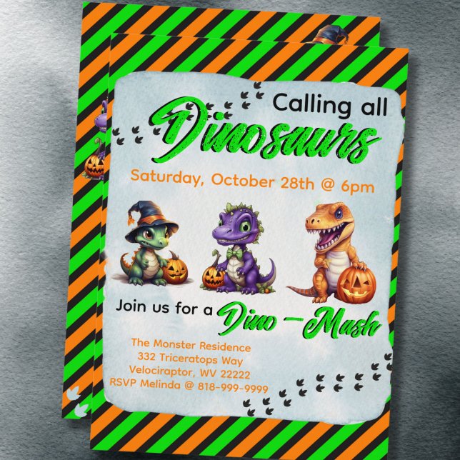 Halloween Dinosaur Dino-Mash-Party Einladung (Green & Orange Diagonal Stripe Dinosaur Halloween Dino-Mash Party Invitation)