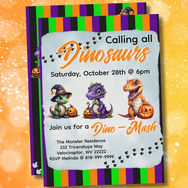 Halloween Dinosaur Dino-Mash-Party Einladung (Green, Purple, Black and Orange Vertical Stripe Dinosaur Halloween Dino-Mash Party Invitation)