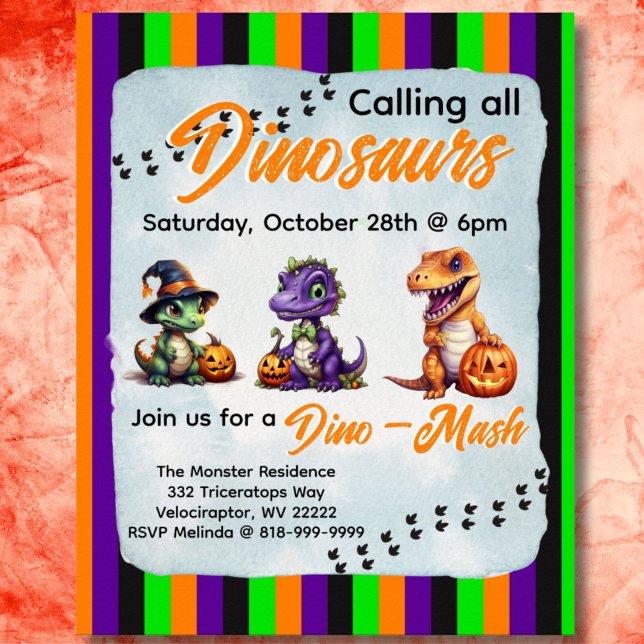 Halloween Dinosaur Dino-Mash-Party Einladung Poster (Diagonal stripe Dinosaur Halloween Dino-Mash Invitation Poster with vertical Halloween stripes. )