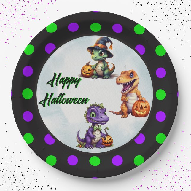 Halloween Dinosaur Dino-Mash-Party Pappteller (Super cute 3 dino Happy Halloween polka dot paper party plates!)