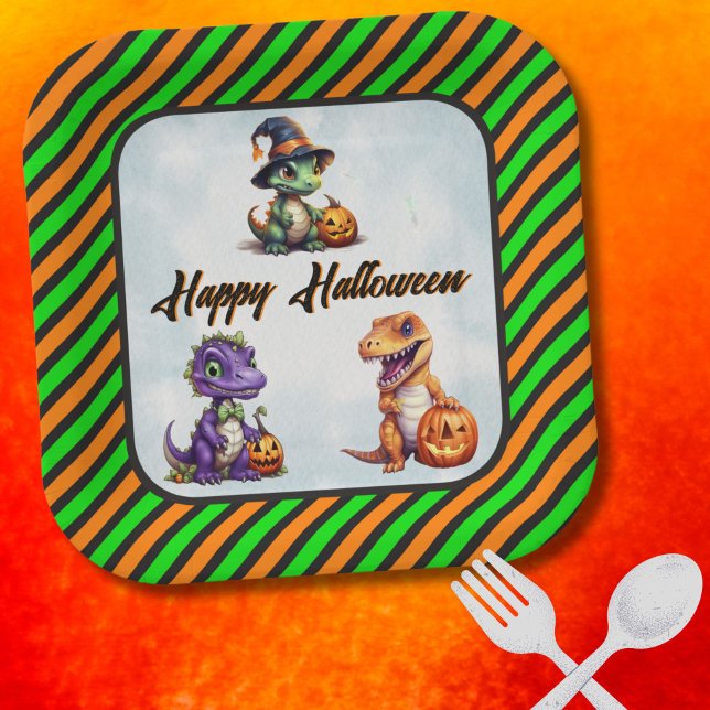 Halloween Dinosaur Dino-Mash-Party Pappteller (Halloween Dino Square Plates)