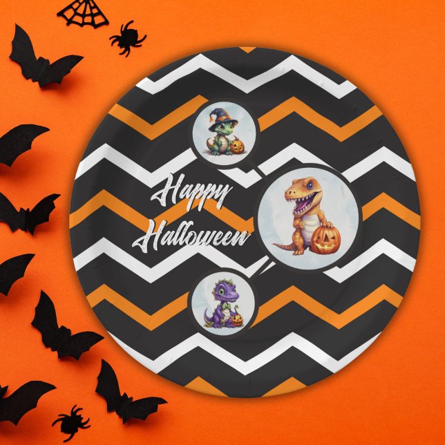 Halloween Dinosaur Dino-Mash-Party Pappteller (Halloween Dinosaur Circle Paper Plates in Orange and White Chevron Pattern)
