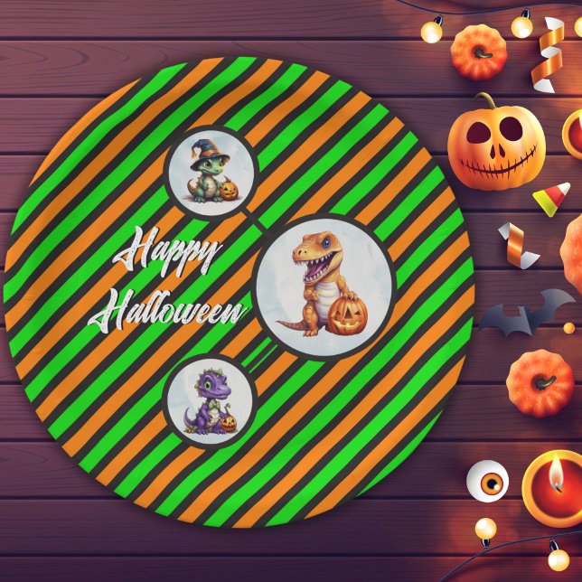 Halloween Dinosaur Dino-Mash-Party Pappteller (Halloween Dinosaur Circle Paper Plates in Orange and Green)