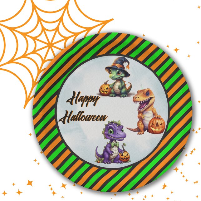 Halloween Dinosaur Dino-Mash-Party Pappteller (Green and Orange circular paper plates for Dinosaur Halloween party.)