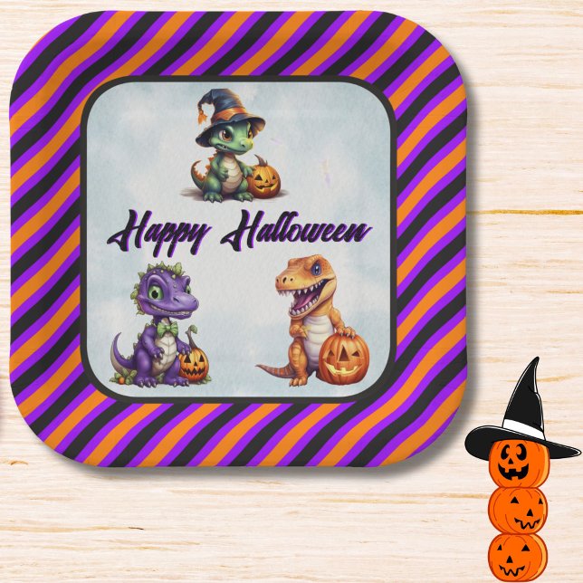 Halloween Dinosaur Dino-Mash-Party Pappteller (Happy Halloween Dino Party Plates)